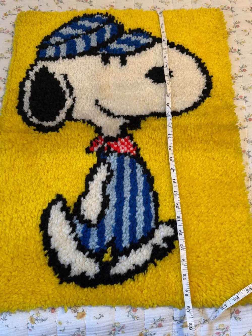 Vintage Snoopy Train Conductor Engineer Completed Latch Hook Rug 1970s 27x20